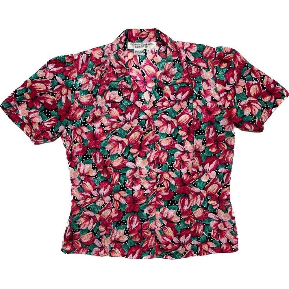 Laura & Jayne Vintage Floral Button Up Blouse Pink Metallic Women's Petite 4 90s